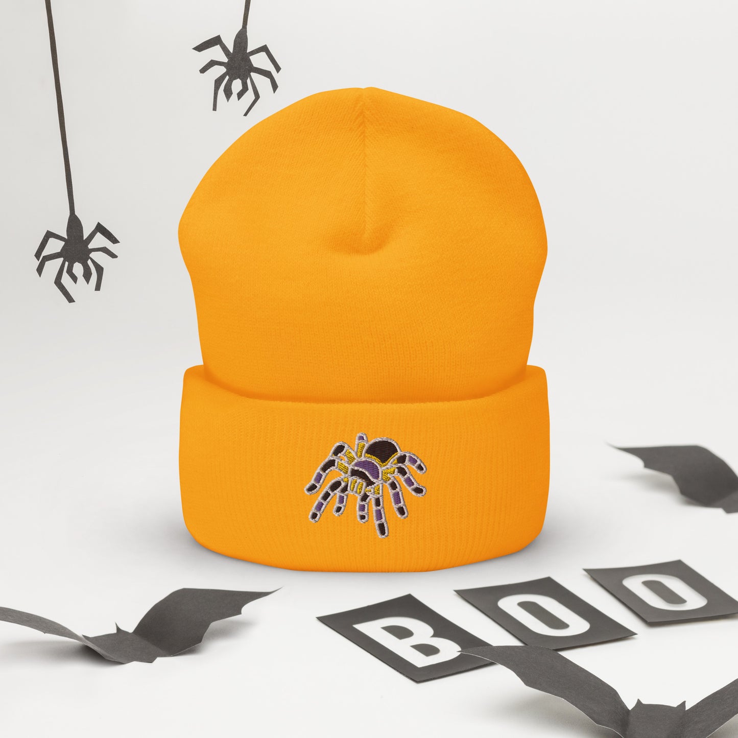 Non-binary Halloween Beanie - Nonbinary Pride LGBTQ Halloween Spider Skull Cap- LGBTQ Embroidered Halloween Knit Hat