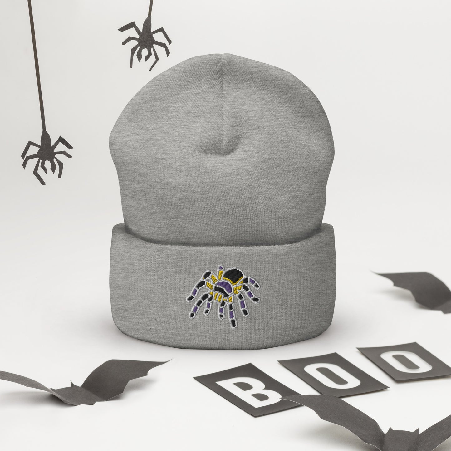 Non-binary Halloween Beanie - Nonbinary Pride LGBTQ Halloween Spider Skull Cap- LGBTQ Embroidered Halloween Knit Hat