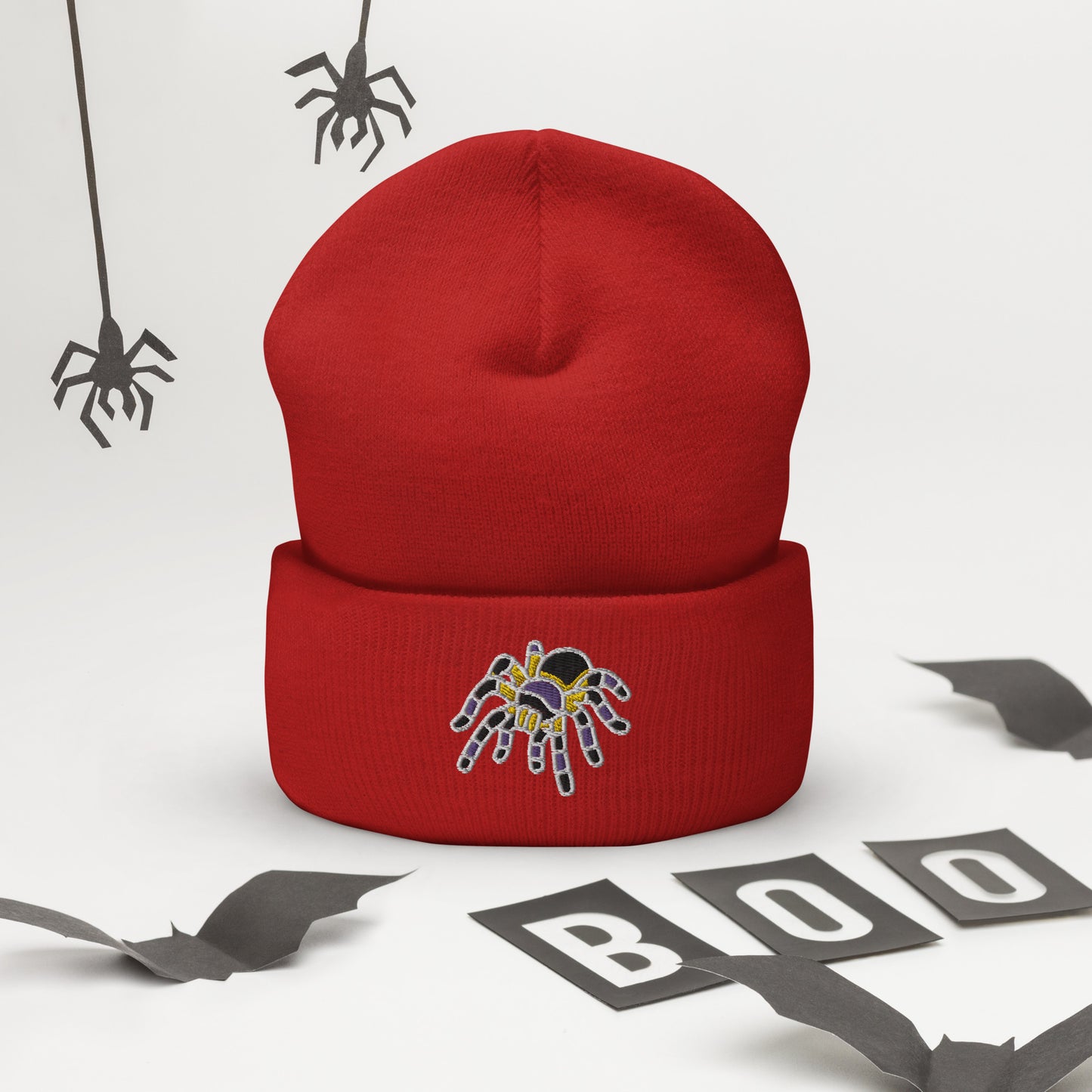 Non-binary Halloween Beanie - Nonbinary Pride LGBTQ Halloween Spider Skull Cap- LGBTQ Embroidered Halloween Knit Hat