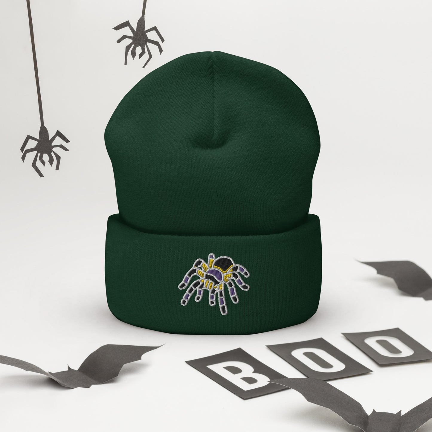 Non-binary Halloween Beanie - Nonbinary Pride LGBTQ Halloween Spider Skull Cap- LGBTQ Embroidered Halloween Knit Hat
