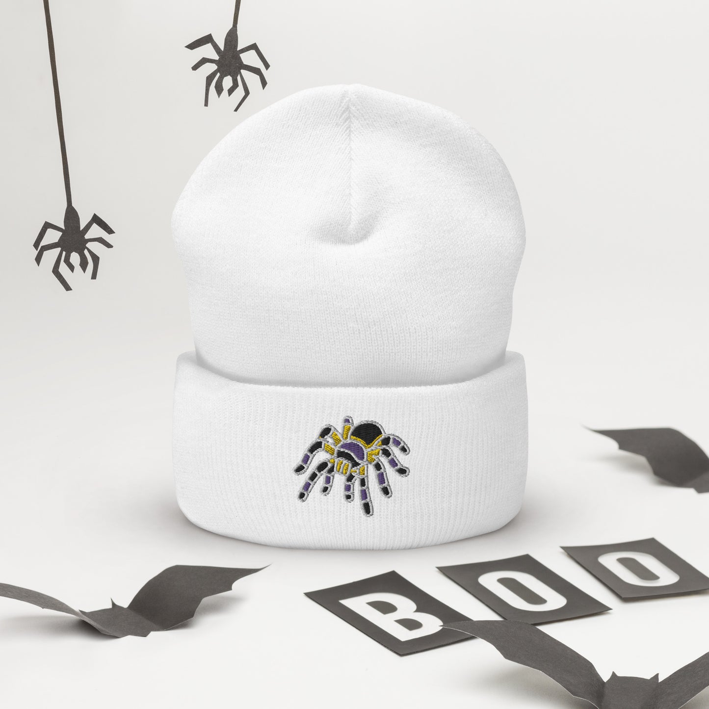 Non-binary Halloween Beanie - Nonbinary Pride LGBTQ Halloween Spider Skull Cap- LGBTQ Embroidered Halloween Knit Hat