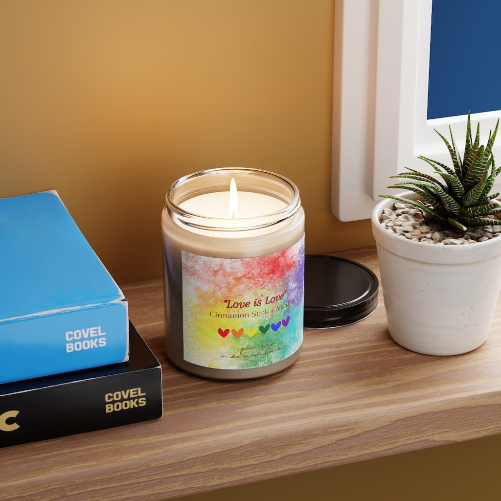 LGBTQ Pride Love is Love Vegan Soy Scented Candle Cinnamon Stick and Vanilla with 50 hour burn time