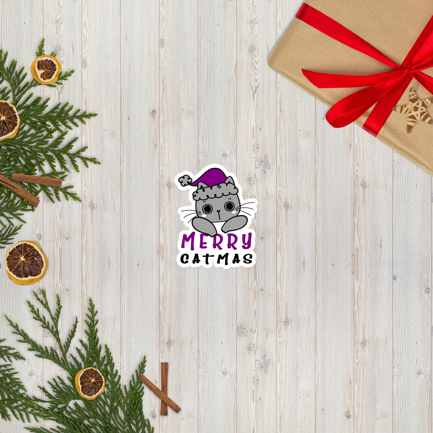 Asexual Christmas Cat Sticker - Asexual Pride LGBTQ Xmas Cat Vinyl Sticker - Merry Catmas