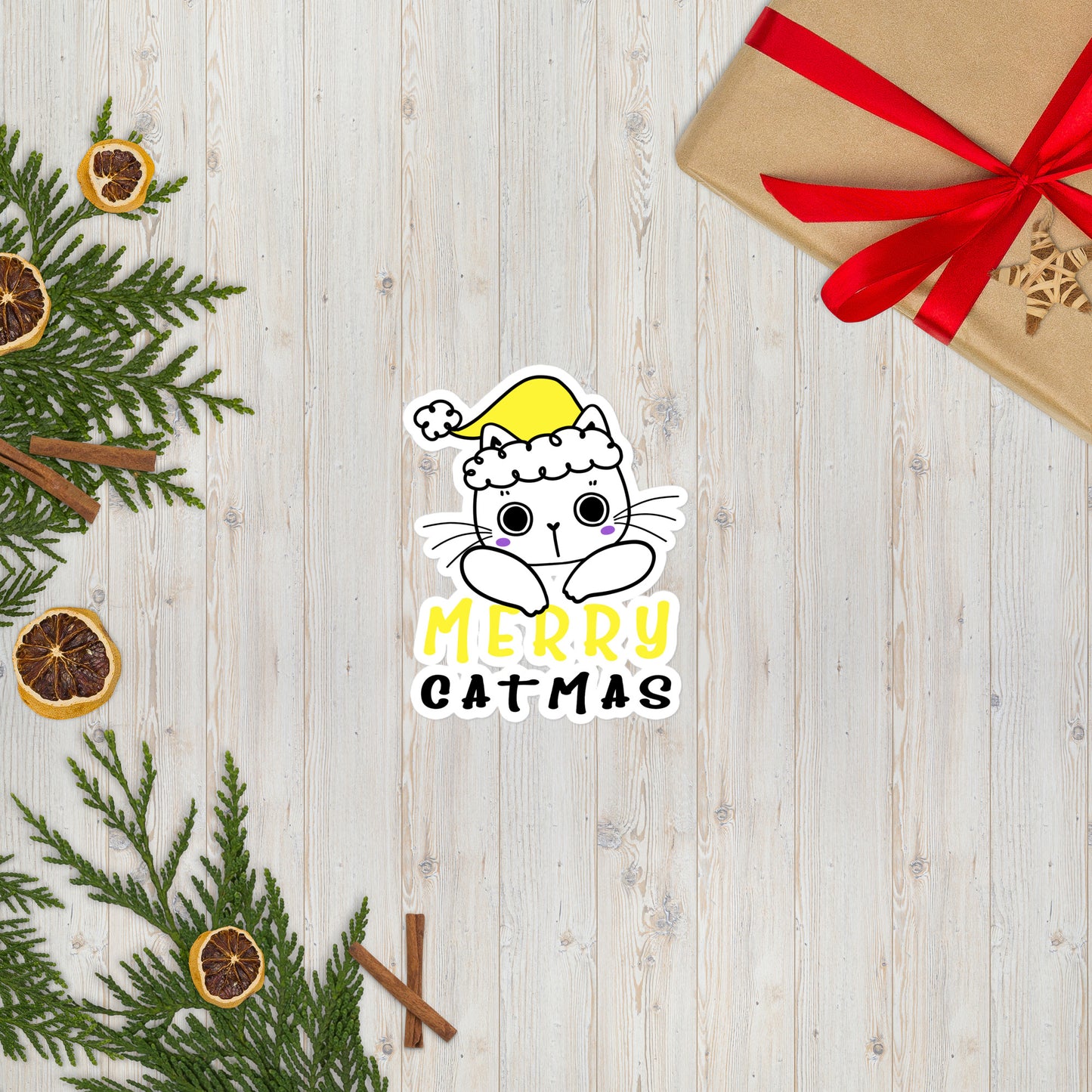 Non-binary Christmas Cat Sticker - Nonbinary Pride LGBTQ Xmas Cat Vinyl Sticker - Merry Catmas