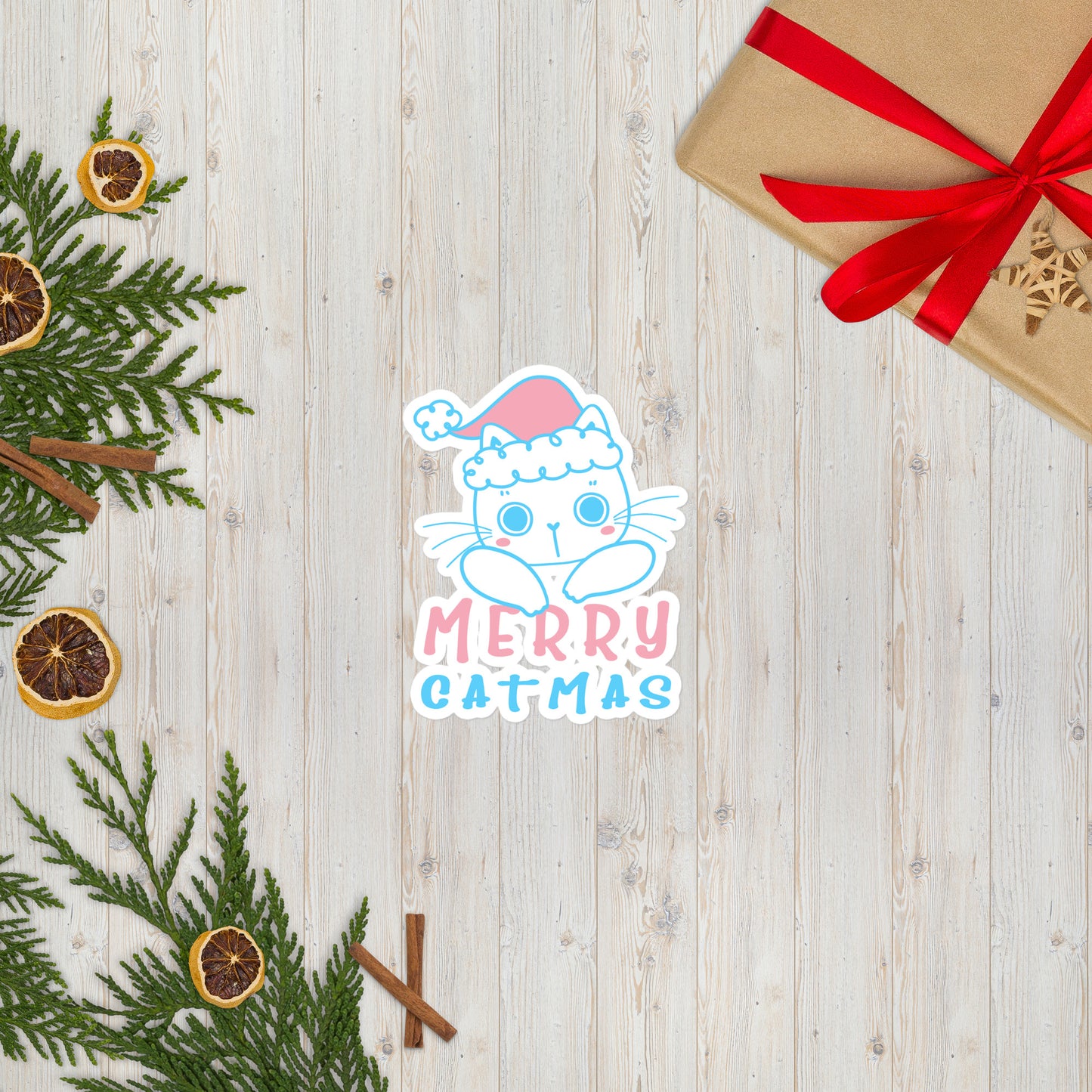 Transgender Christmas Cat Sticker - Transgender Pride LGBTQ Xmas Cat Vinyl Sticker - Merry Catmas