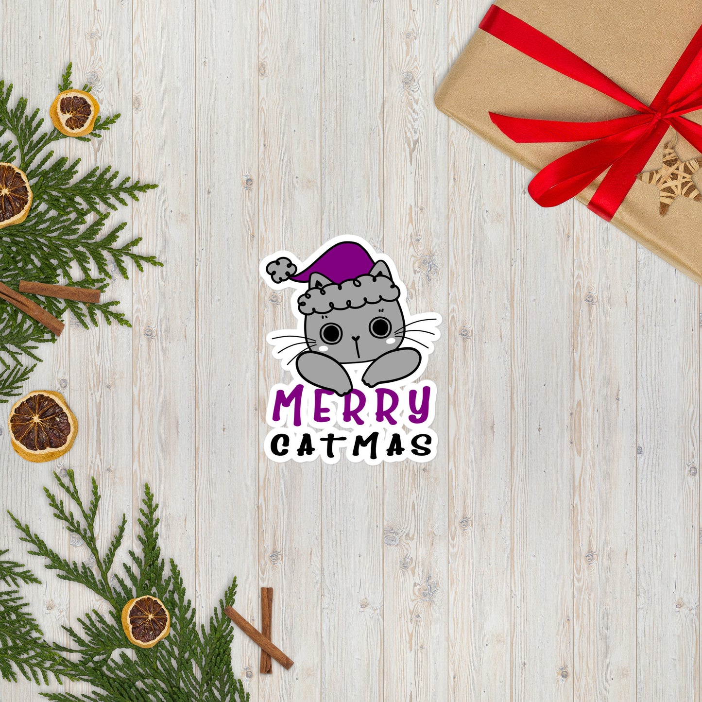 Asexual Christmas Cat Sticker - Asexual Pride LGBTQ Xmas Cat Vinyl Sticker - Merry Catmas