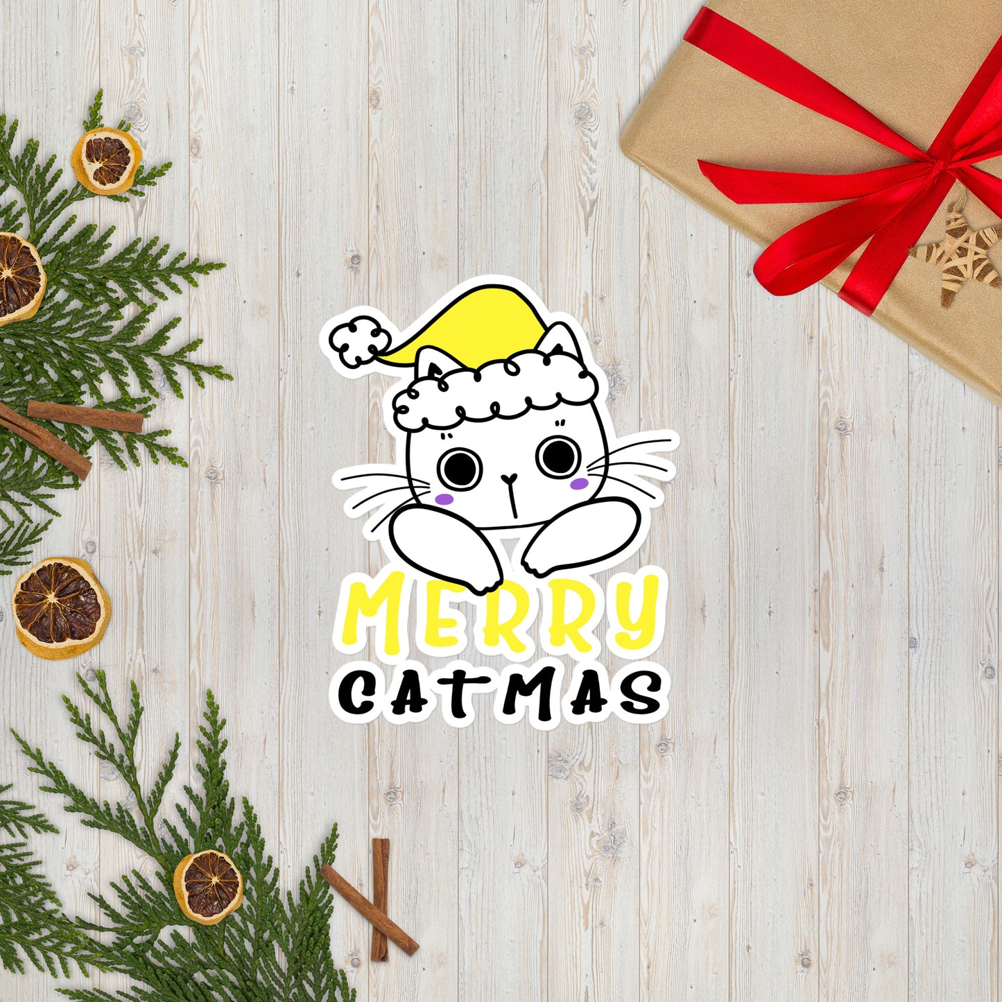 Non-binary Christmas Cat Sticker - Nonbinary Pride LGBTQ Xmas Cat Vinyl Sticker - Merry Catmas