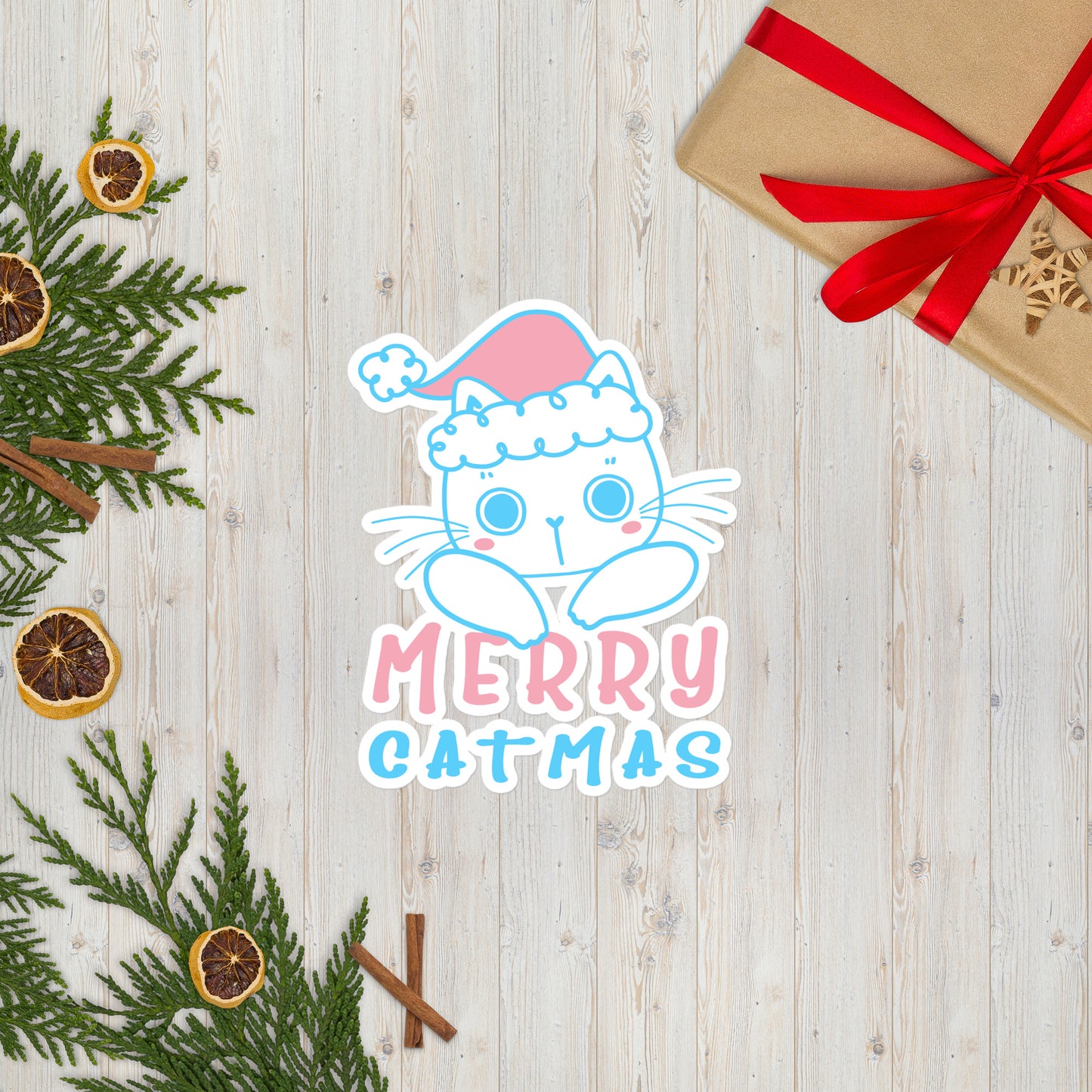 Transgender Christmas Cat Sticker - Transgender Pride LGBTQ Xmas Cat Vinyl Sticker - Merry Catmas