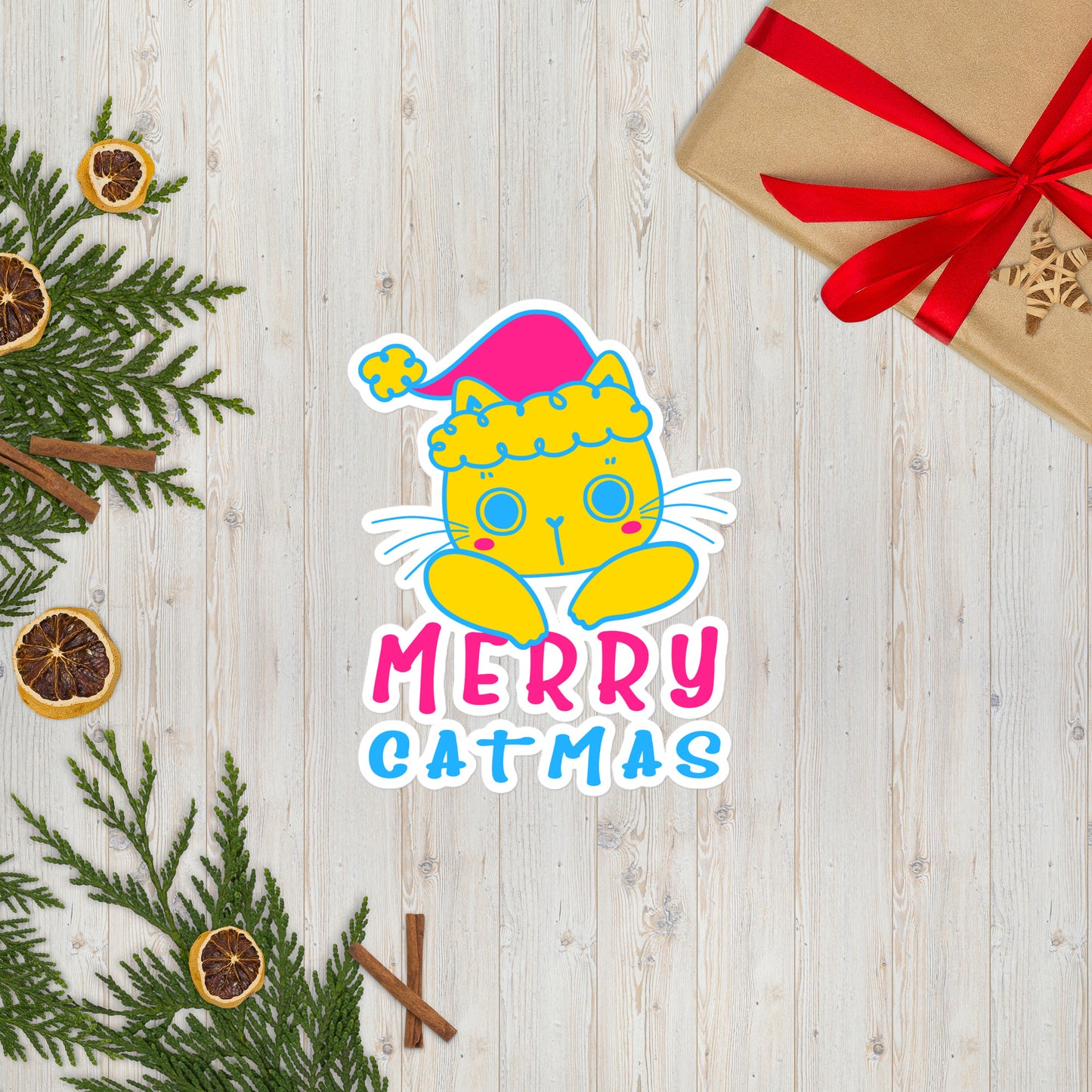 Pansexual Christmas Cat Sticker - Pansexual Pride LGBTQ Xmas Cat Vinyl Sticker - Merry Catmas
