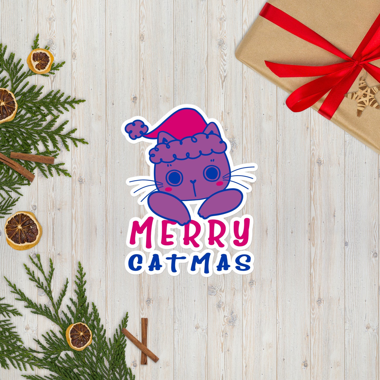 Bisexual Christmas Cat Sticker - Bisexual Pride LGBTQ Xmas Cat Vinyl Sticker - Merry Catmas