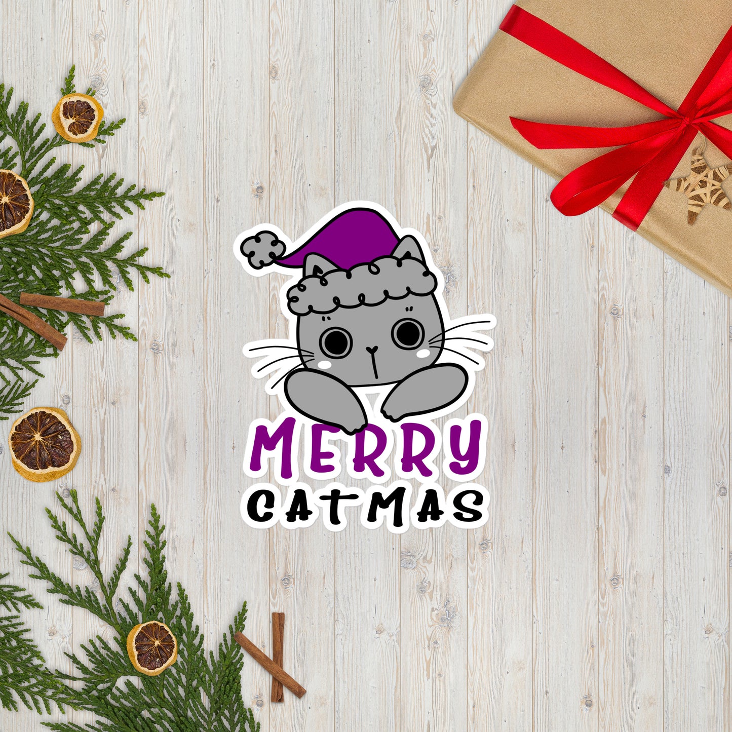 Asexual Christmas Cat Sticker - Asexual Pride LGBTQ Xmas Cat Vinyl Sticker - Merry Catmas