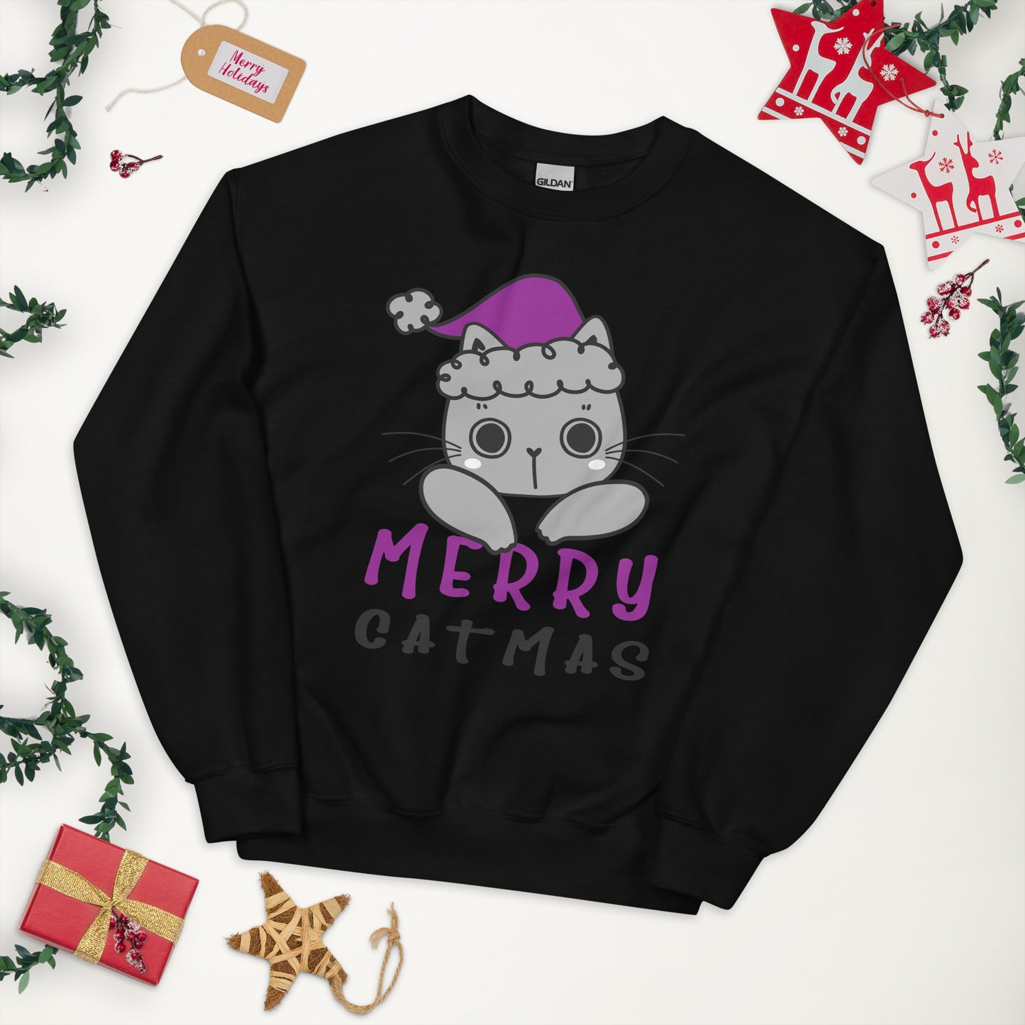 Asexual Christmas Sweatshirt - Asexual Pride Xmas Cat Crewneck - Merry Catmas