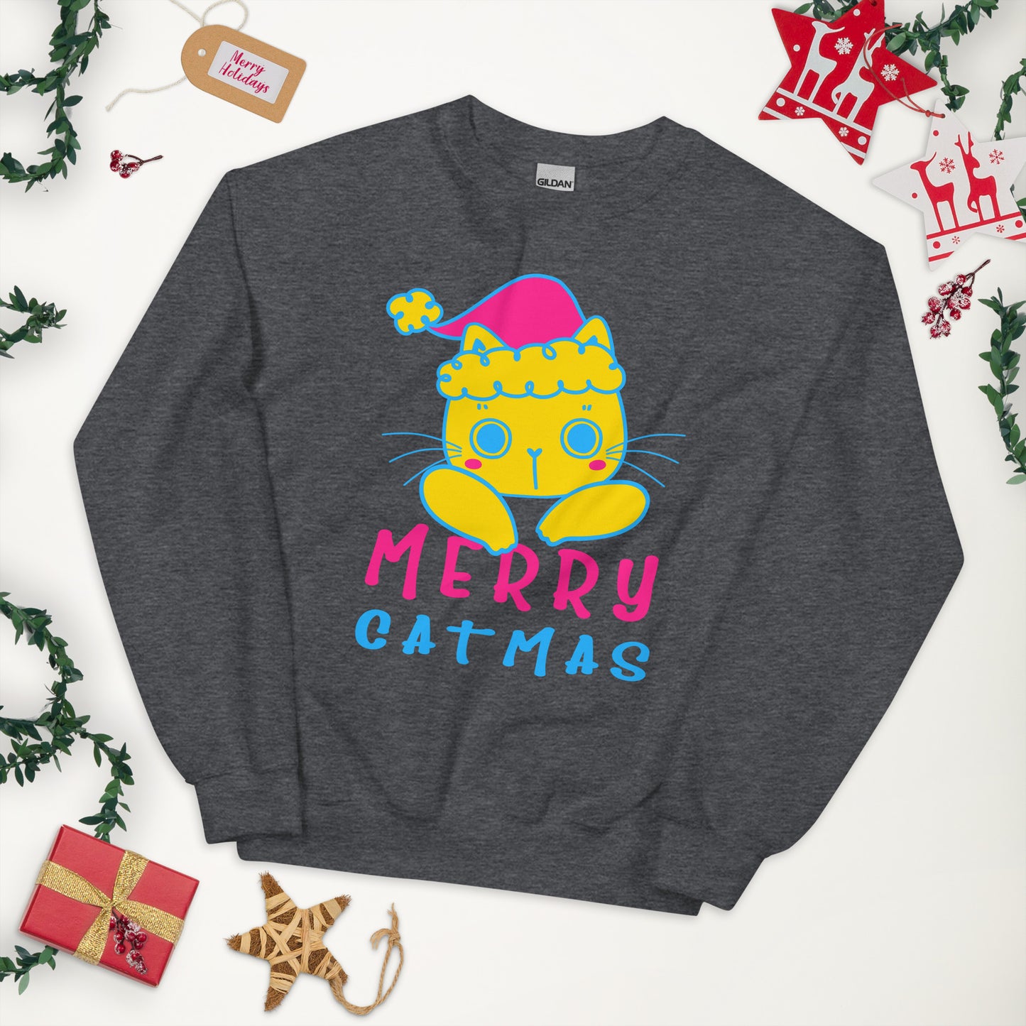 Pansexual Christmas Sweatshirt - Pansexual Pride Xmas Cat Crewneck - Merry Catmas