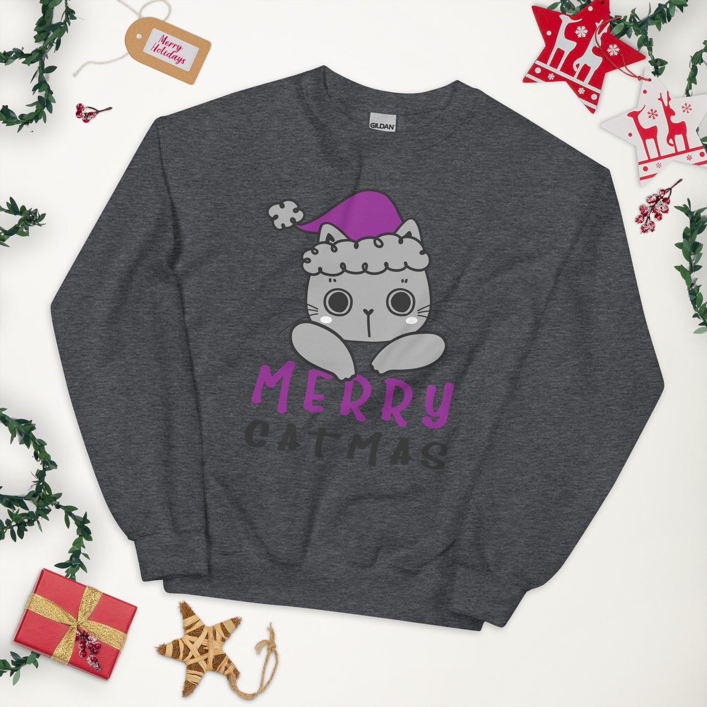 Asexual Christmas Sweatshirt - Asexual Pride Xmas Cat Crewneck - Merry Catmas