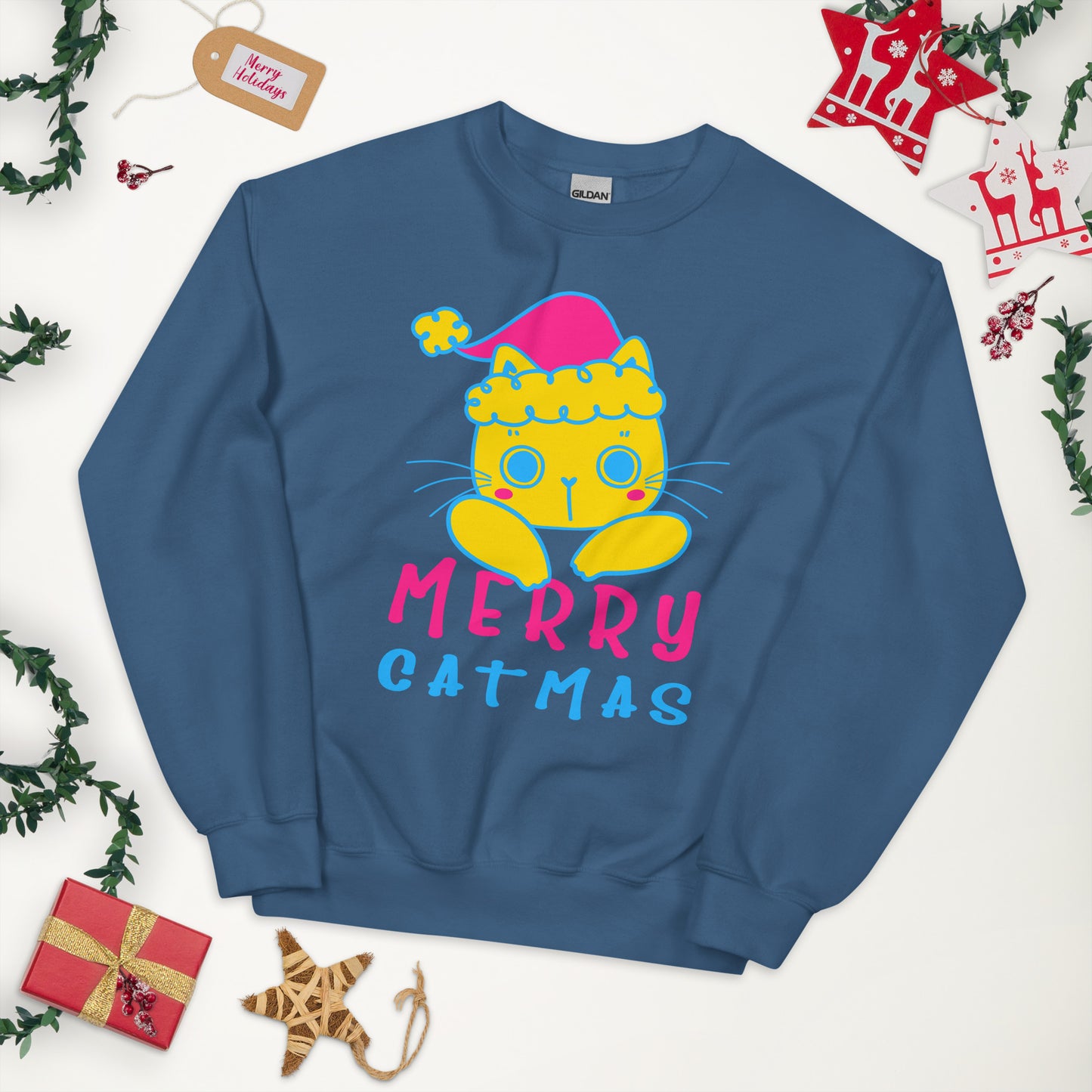 Pansexual Christmas Sweatshirt - Pansexual Pride Xmas Cat Crewneck - Merry Catmas