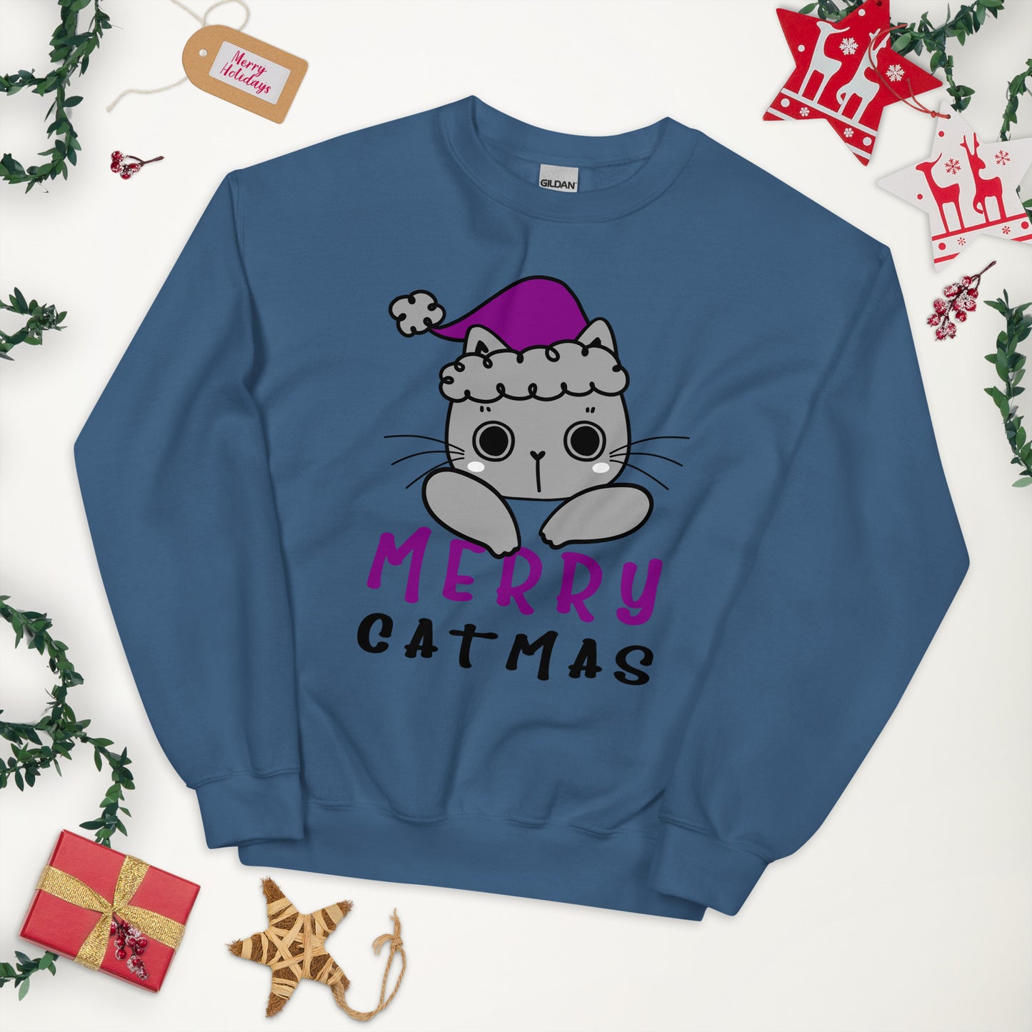 Asexual Christmas Sweatshirt - Asexual Pride Xmas Cat Crewneck - Merry Catmas