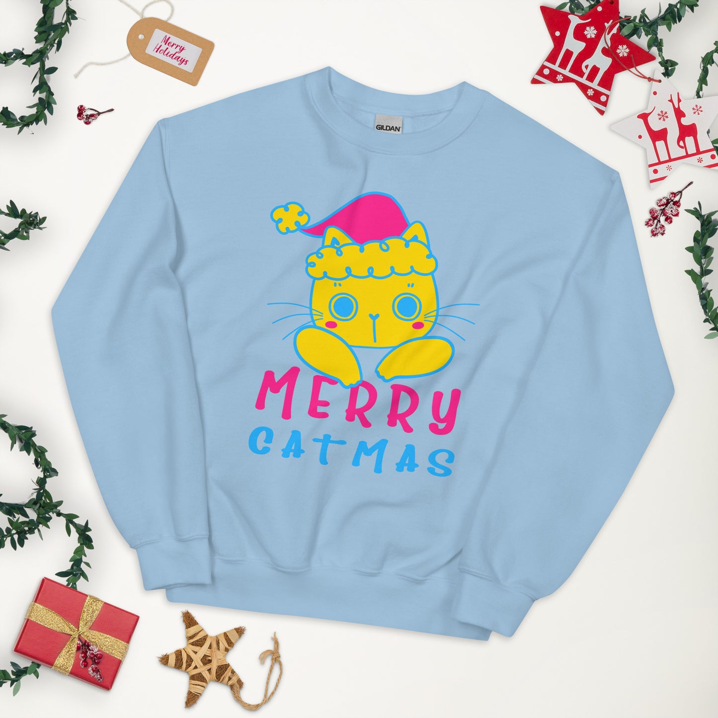 Pansexual Christmas Sweatshirt - Pansexual Pride Xmas Cat Crewneck - Merry Catmas