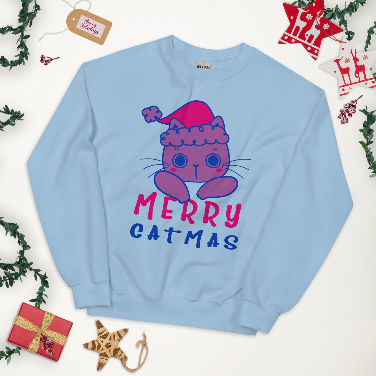 Bisexual Christmas Sweatshirt - Bisexual Pride Xmas Cat Crewneck - Merry Catmas