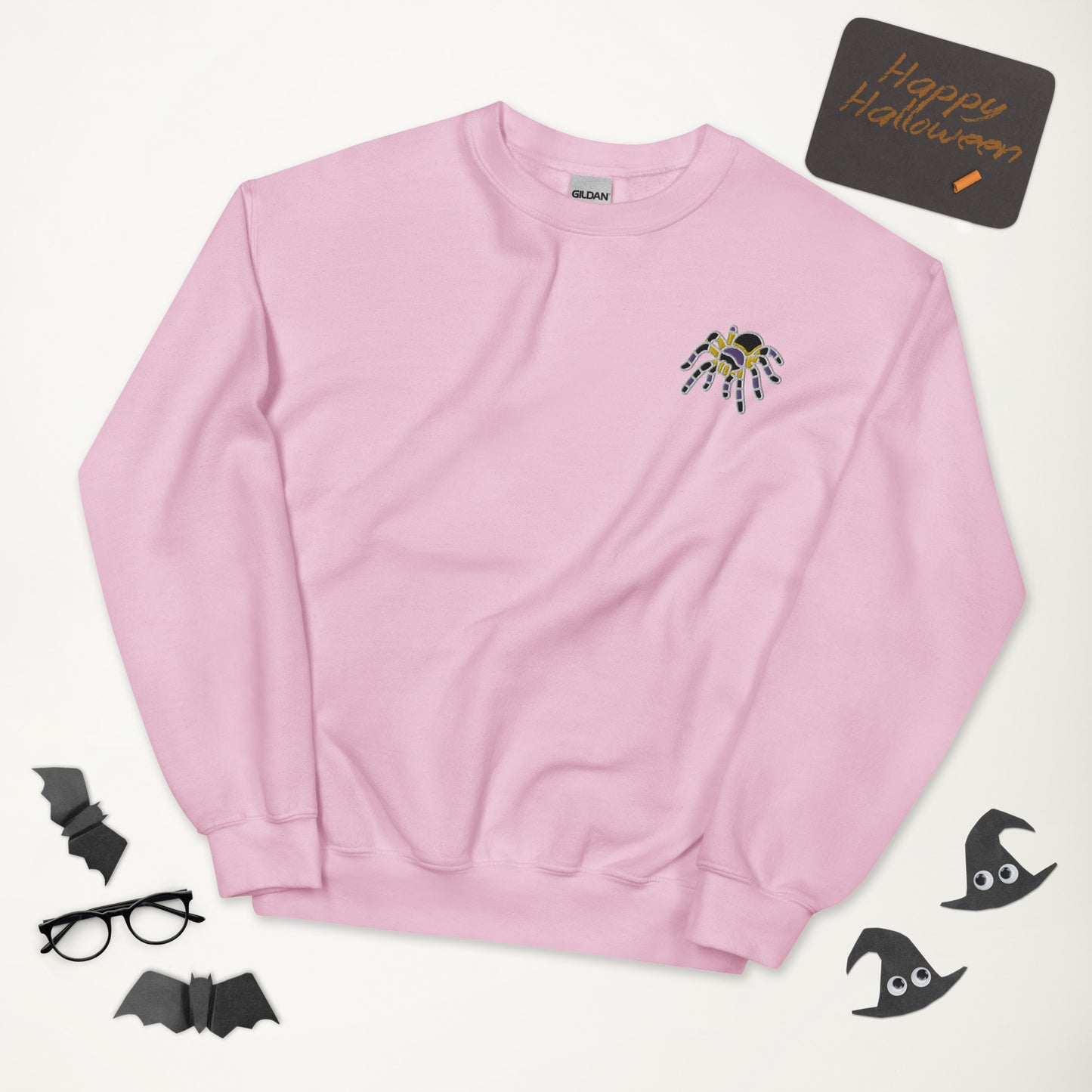 Non-binary Halloween Sweatshirt - Nonbinary Pride LGBTQ Halloween Spider Crewneck - Queer Unisex Embroidered Clothes