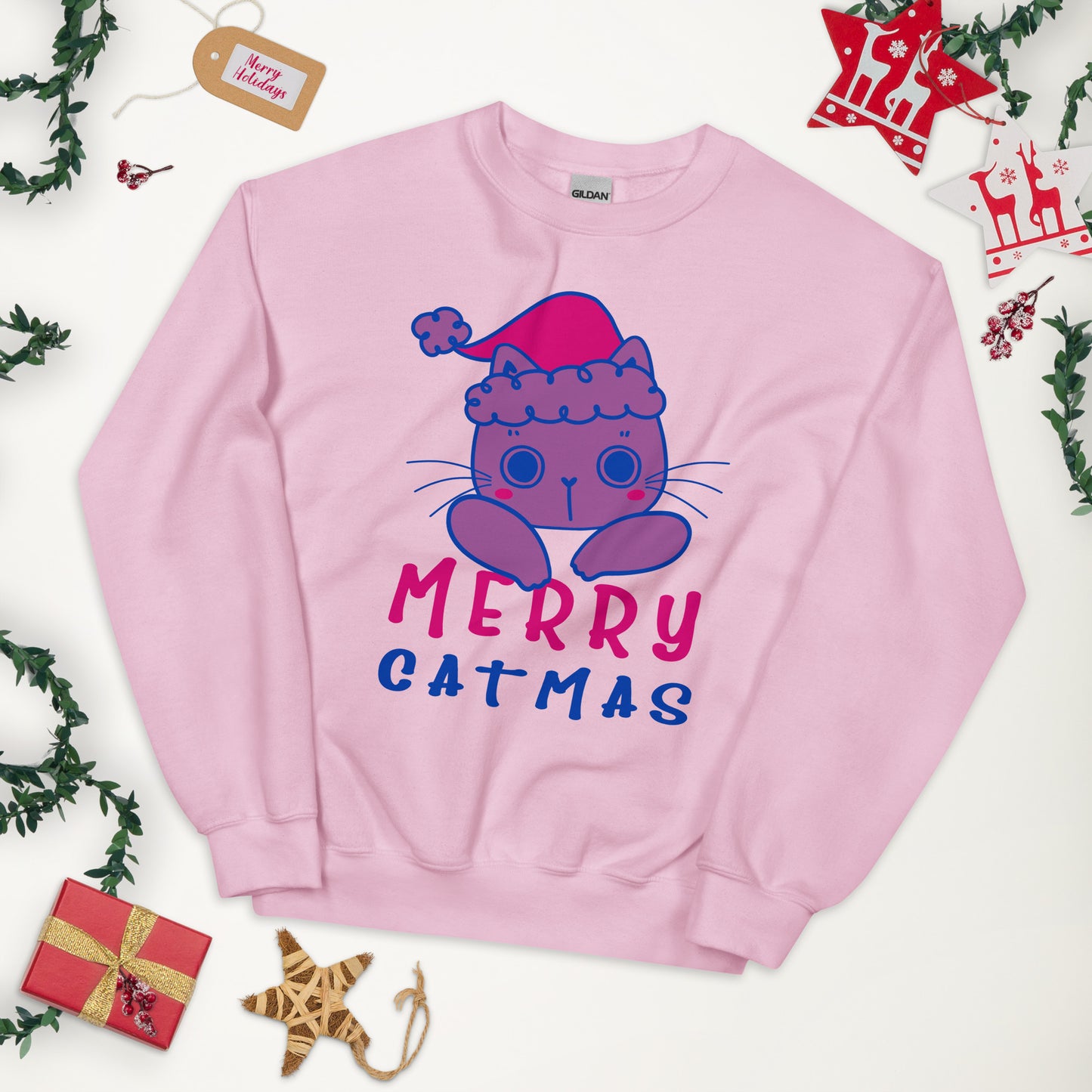 Bisexual Christmas Sweatshirt - Bisexual Pride Xmas Cat Crewneck - Merry Catmas