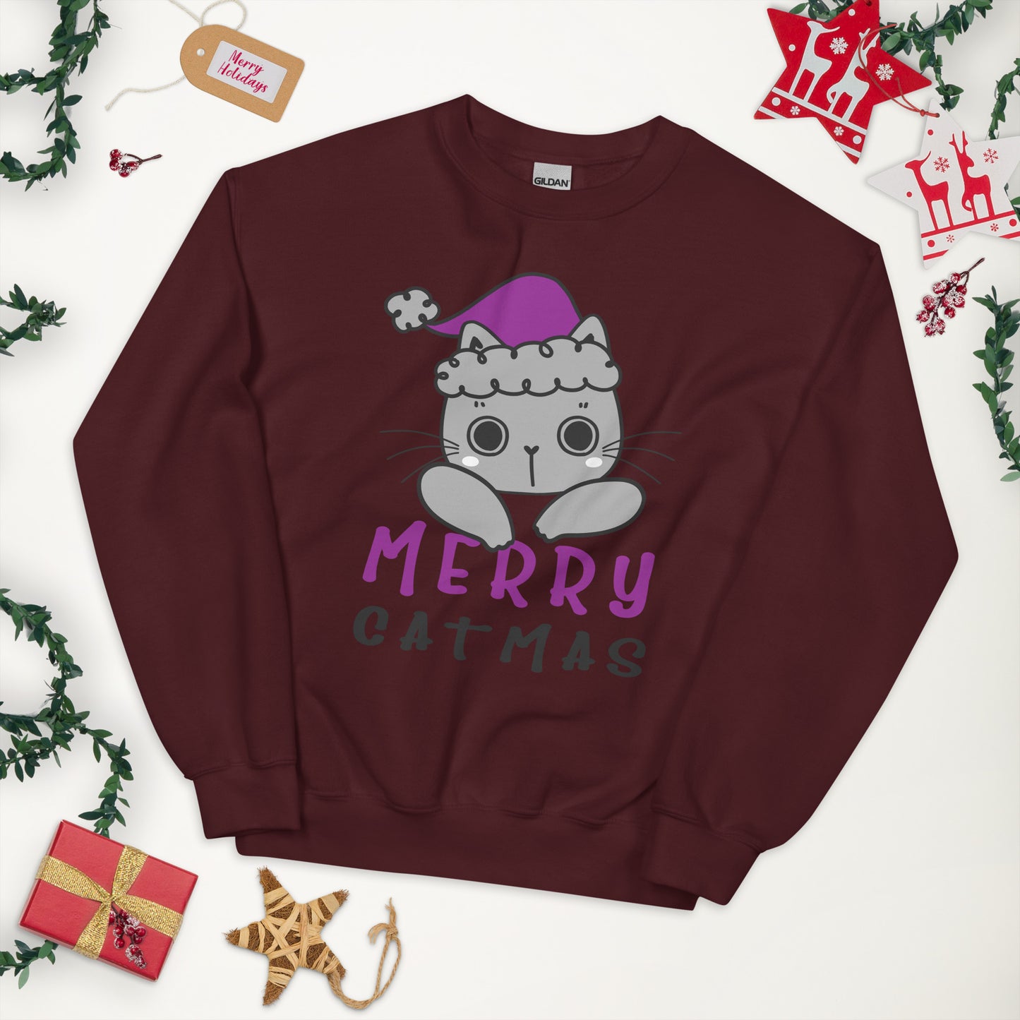 Asexual Christmas Sweatshirt - Asexual Pride Xmas Cat Crewneck - Merry Catmas