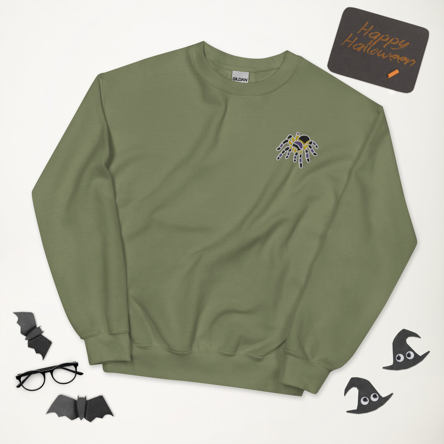 Non-binary Halloween Sweatshirt - Nonbinary Pride LGBTQ Halloween Spider Crewneck - Queer Unisex Embroidered Clothes