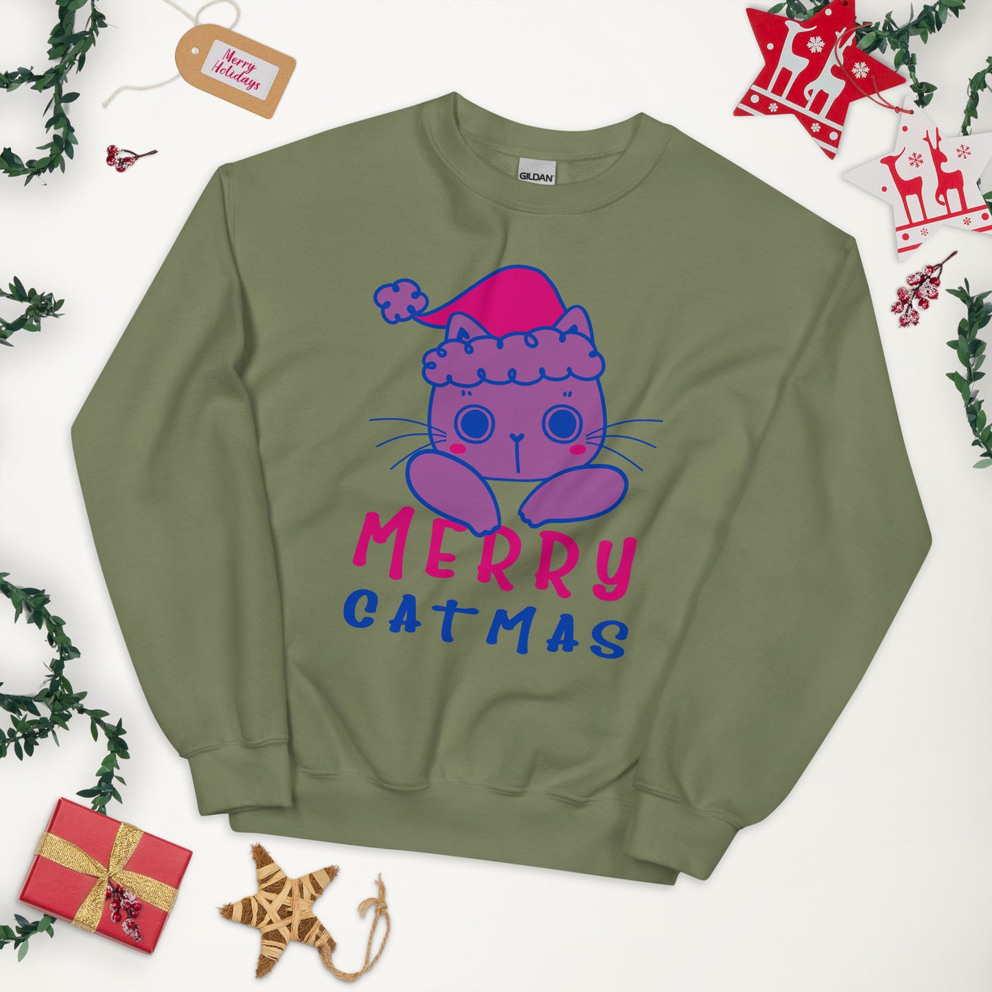 Bisexual Christmas Sweatshirt - Bisexual Pride Xmas Cat Crewneck - Merry Catmas