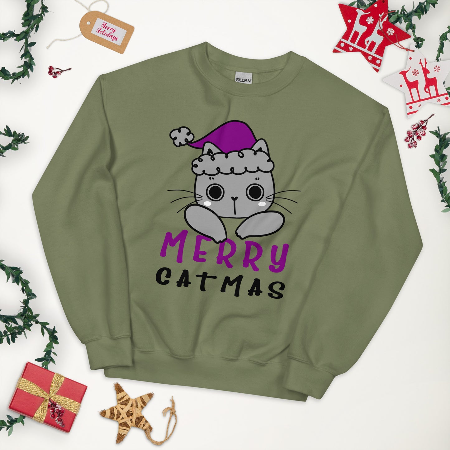 Asexual Christmas Sweatshirt - Asexual Pride Xmas Cat Crewneck - Merry Catmas