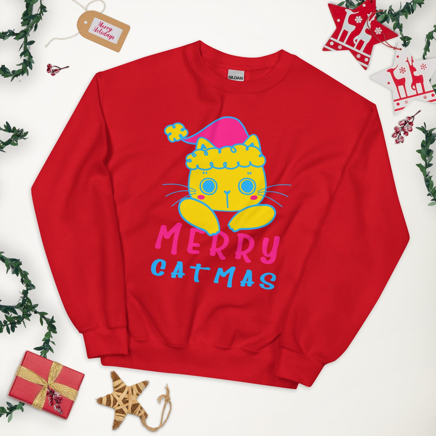 Pansexual Christmas Sweatshirt - Pansexual Pride Xmas Cat Crewneck - Merry Catmas
