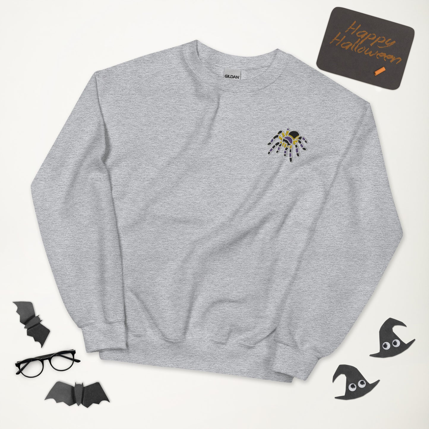 Non-binary Halloween Sweatshirt - Nonbinary Pride LGBTQ Halloween Spider Crewneck - Queer Unisex Embroidered Clothes