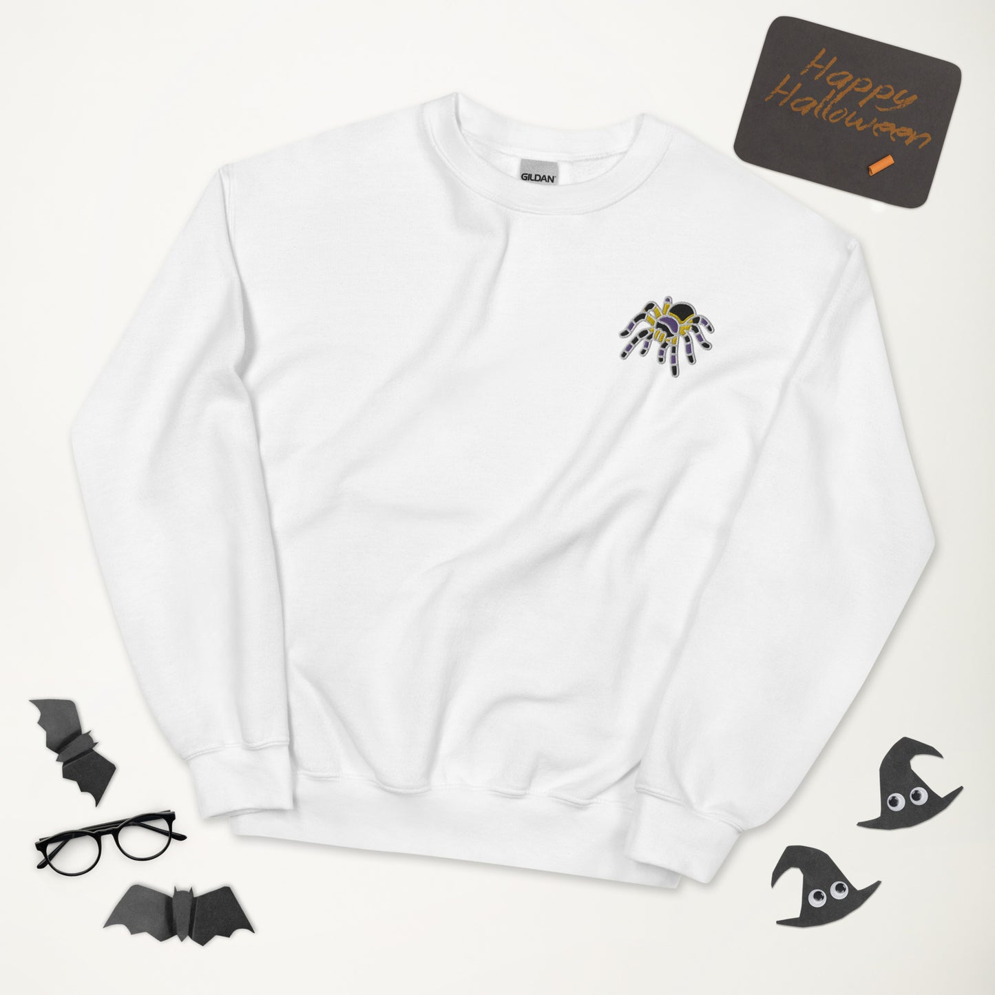Non-binary Halloween Sweatshirt - Nonbinary Pride LGBTQ Halloween Spider Crewneck - Queer Unisex Embroidered Clothes