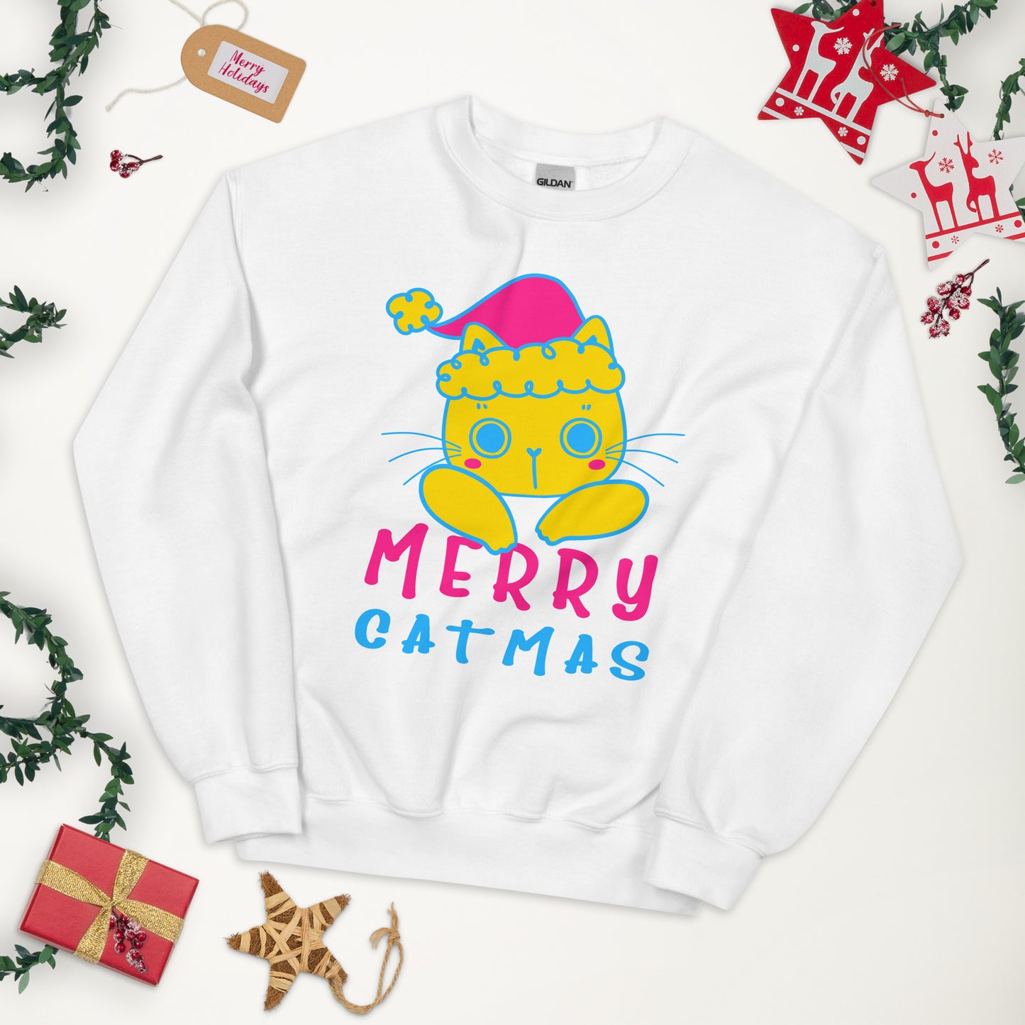 Pansexual Christmas Sweatshirt - Pansexual Pride Xmas Cat Crewneck - Merry Catmas