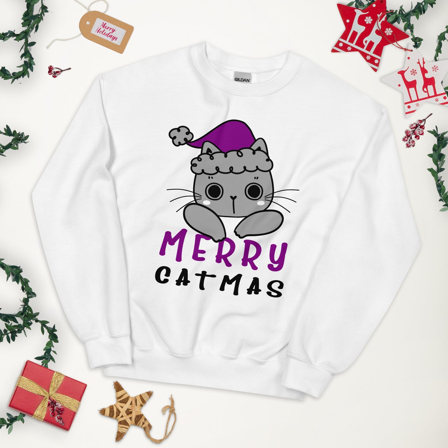 Asexual Christmas Sweatshirt - Asexual Pride Xmas Cat Crewneck - Merry Catmas
