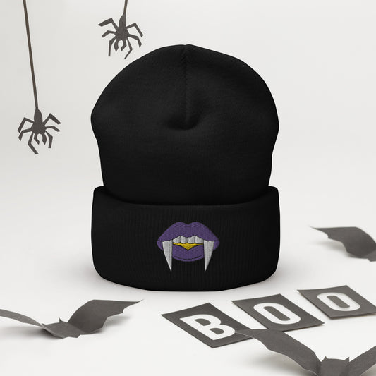 Non-binary Halloween Beanie - Nonbinary Pride LGBTQ Halloween Vampire Skull Cap- LGBTQ Embroidered Halloween Knit Hat