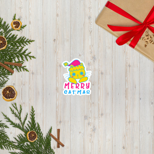 Pansexual Christmas Cat Sticker  - Pansexual Pride LGBTQ Xmas Cat Vinyl Sticker - Merry Catmas