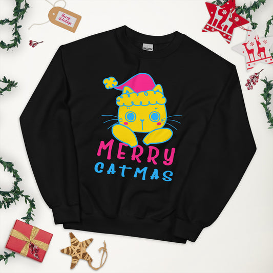 Pansexual Christmas Sweatshirt - Pansexual Pride Xmas Cat Crewneck - Merry Catmas