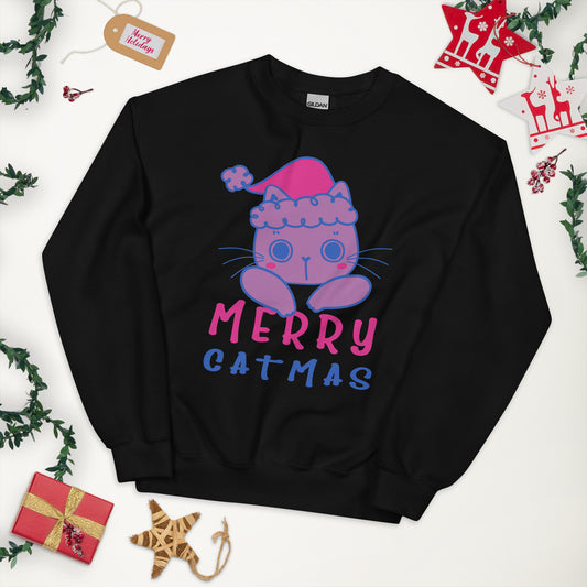 Bisexual Christmas Sweatshirt - Bisexual Pride Xmas Cat Crewneck - Merry Catmas