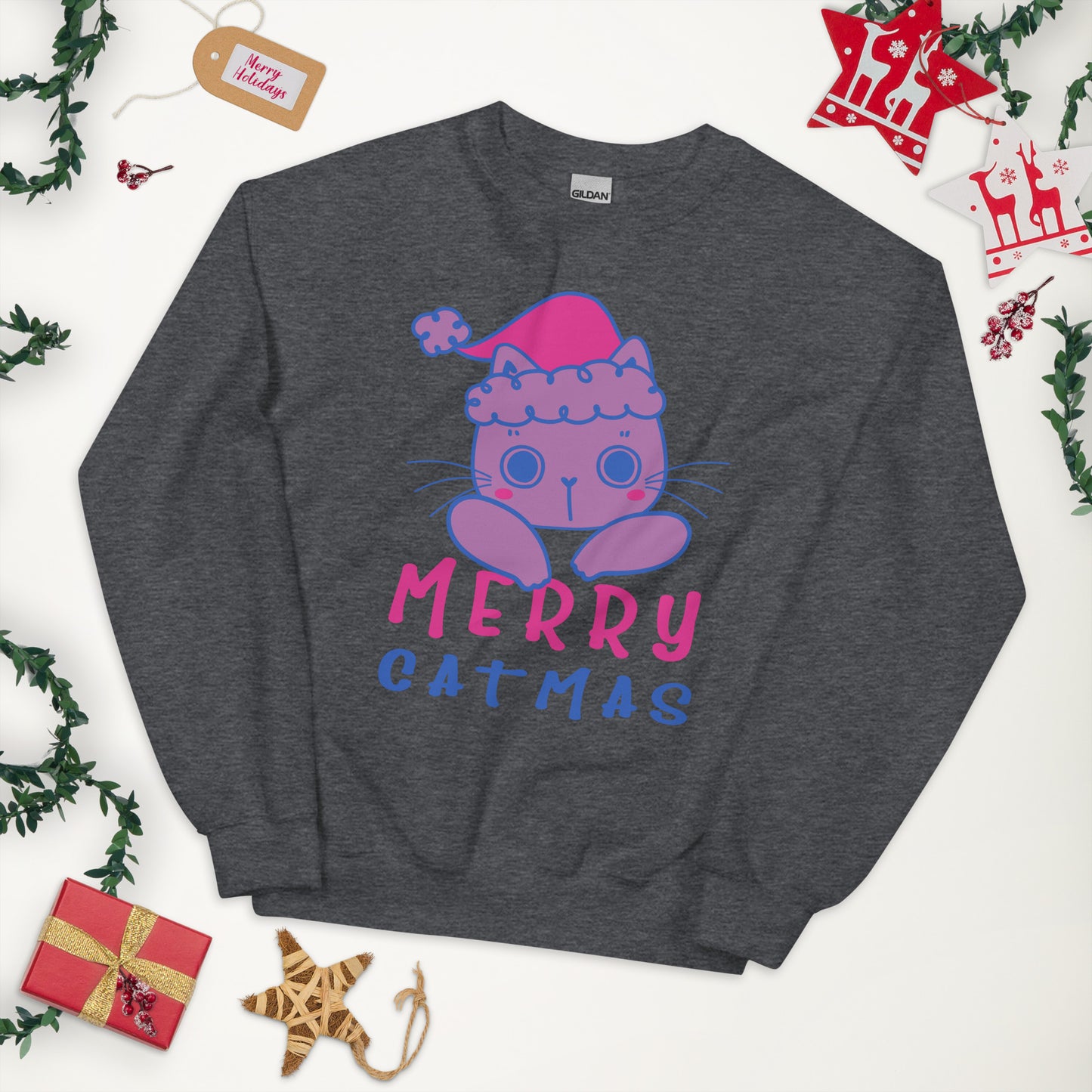 Bisexual Christmas Sweatshirt - Bisexual Pride Xmas Cat Crewneck - Merry Catmas