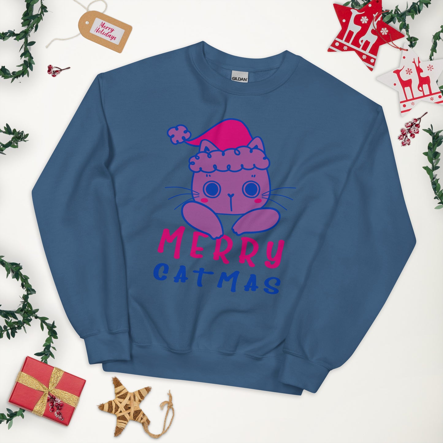 Bisexual Christmas Sweatshirt - Bisexual Pride Xmas Cat Crewneck - Merry Catmas