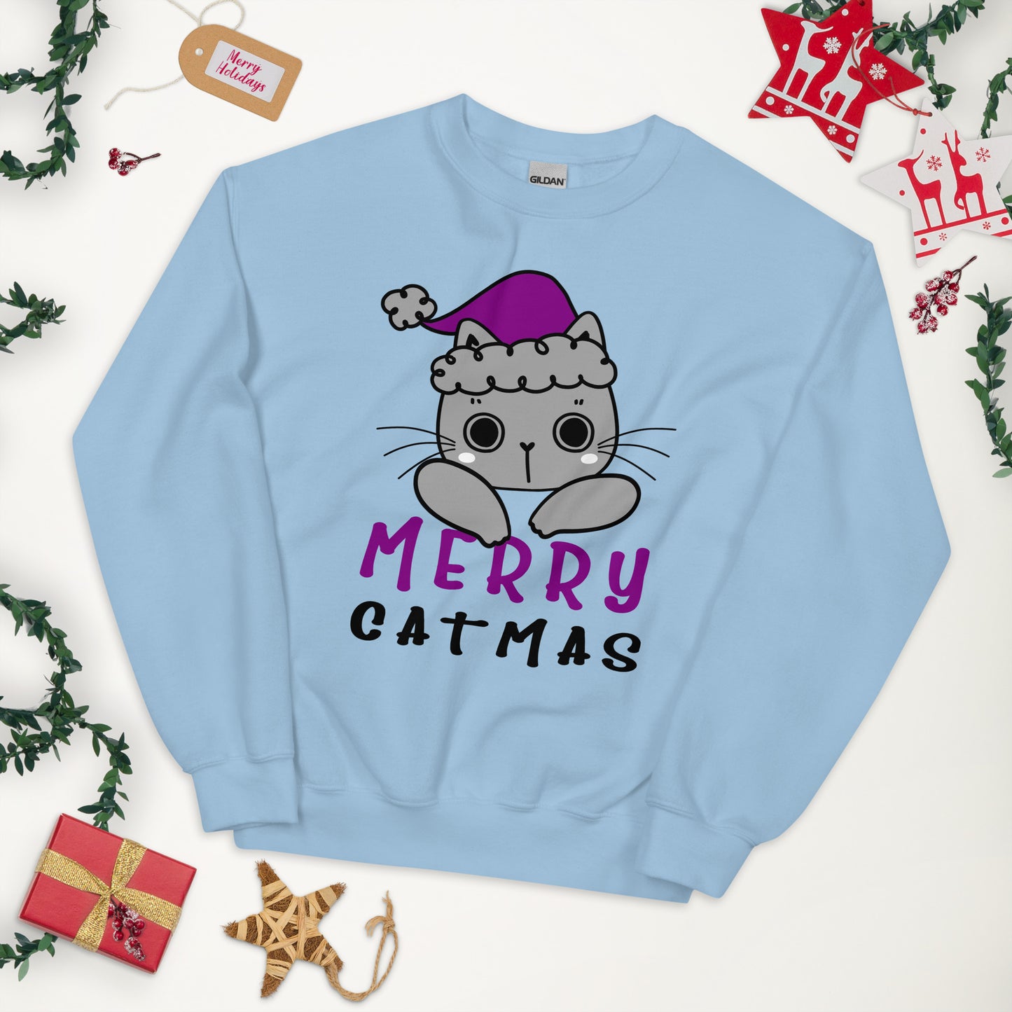 Asexual Christmas Sweatshirt - Asexual Pride Xmas Cat Crewneck - Merry Catmas