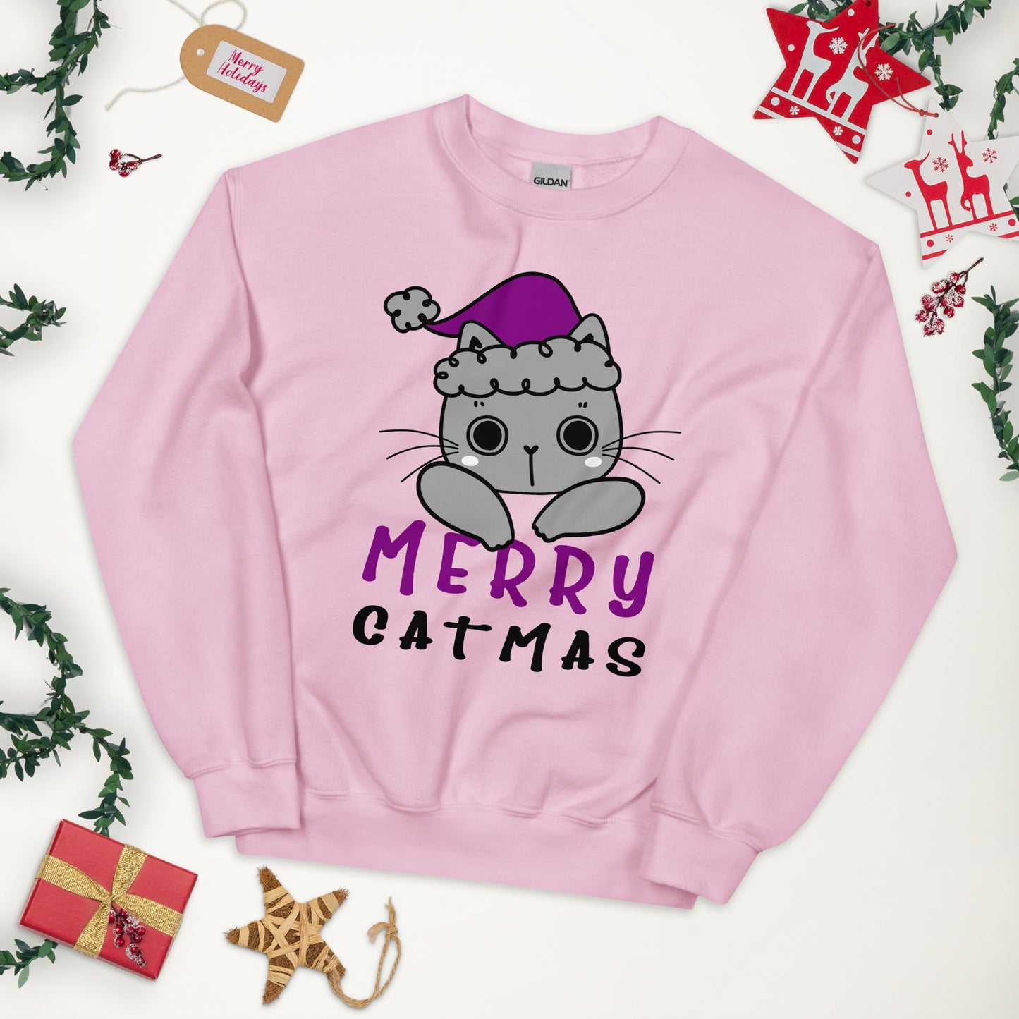 Asexual Christmas Sweatshirt - Asexual Pride Xmas Cat Crewneck - Merry Catmas