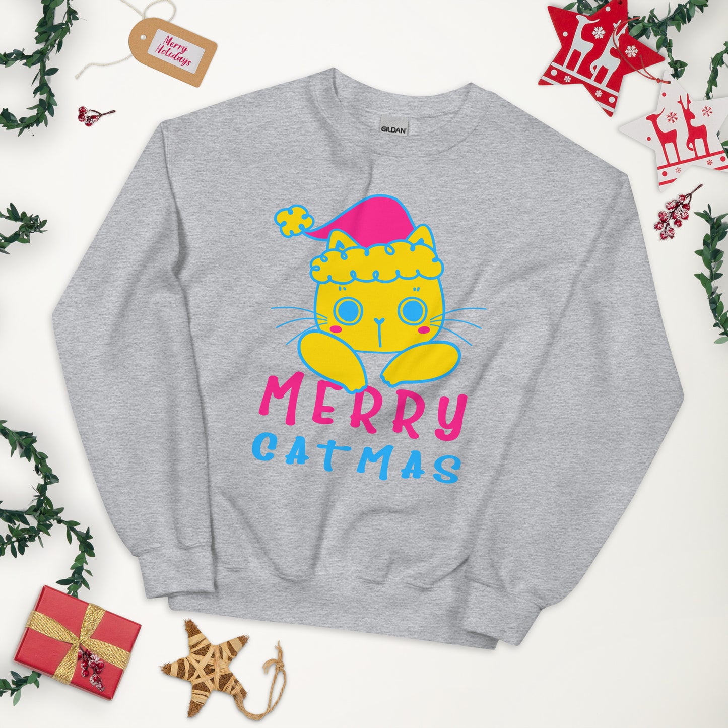 Pansexual Christmas Sweatshirt - Pansexual Pride Xmas Cat Crewneck - Merry Catmas
