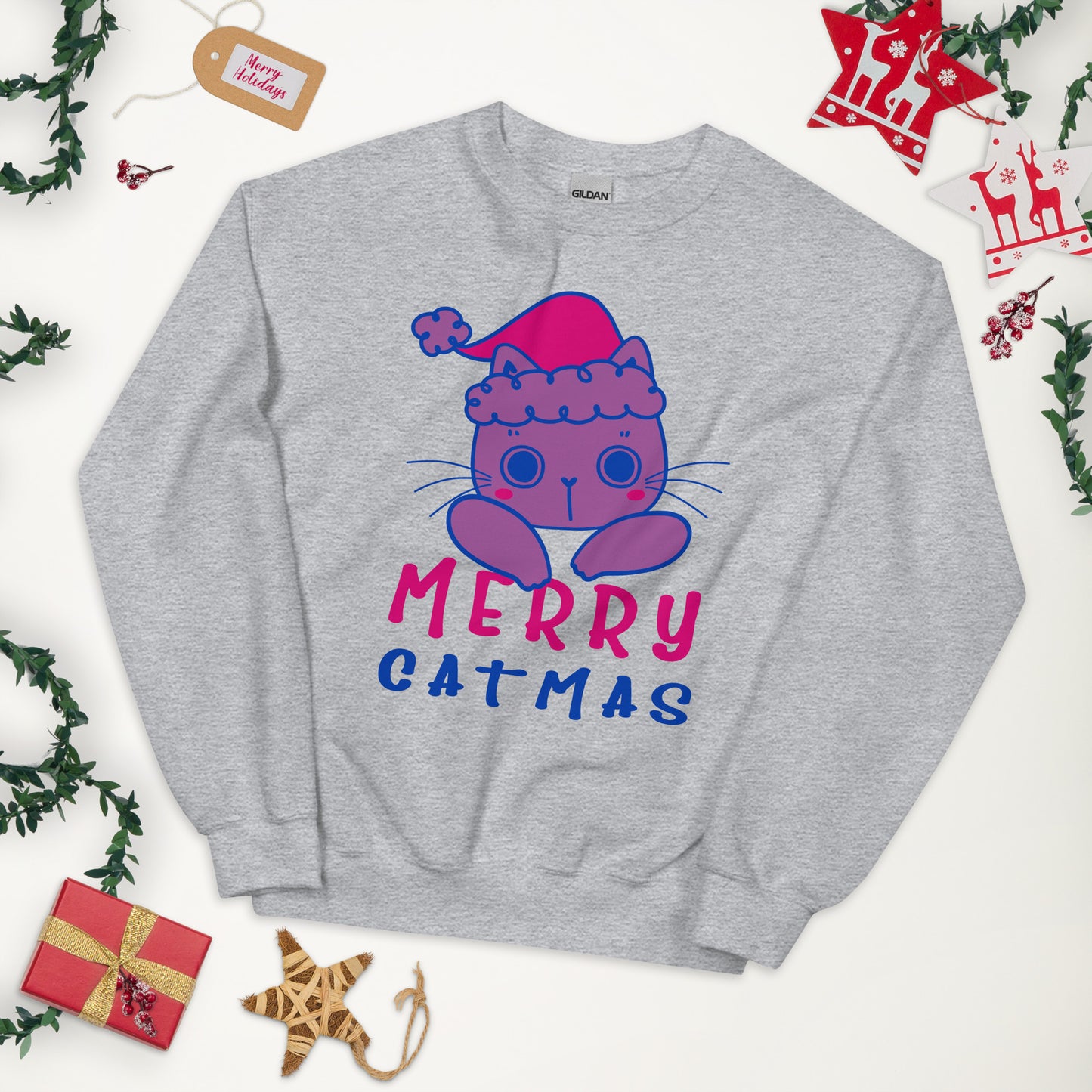 Bisexual Christmas Sweatshirt - Bisexual Pride Xmas Cat Crewneck - Merry Catmas