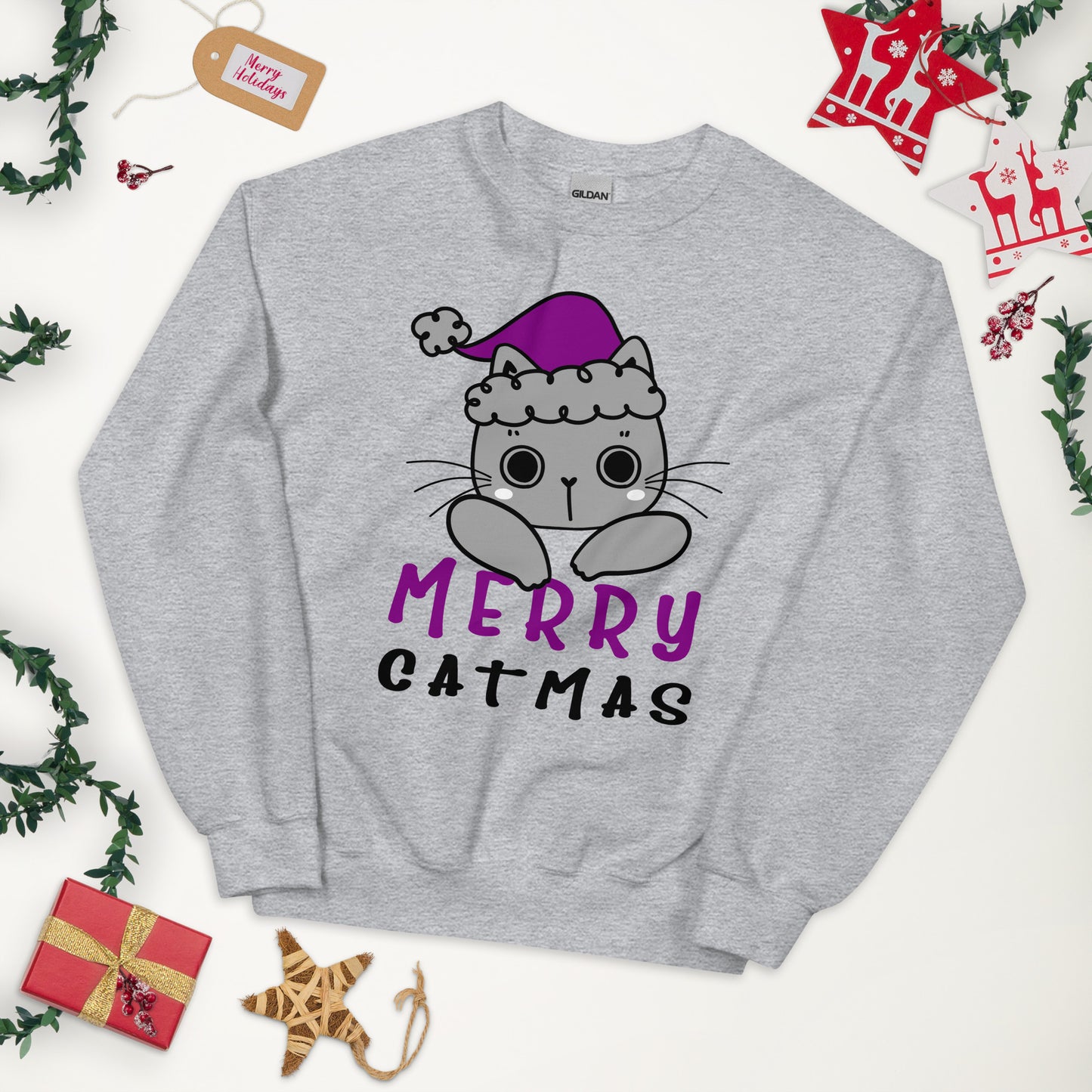 Asexual Christmas Sweatshirt - Asexual Pride Xmas Cat Crewneck - Merry Catmas