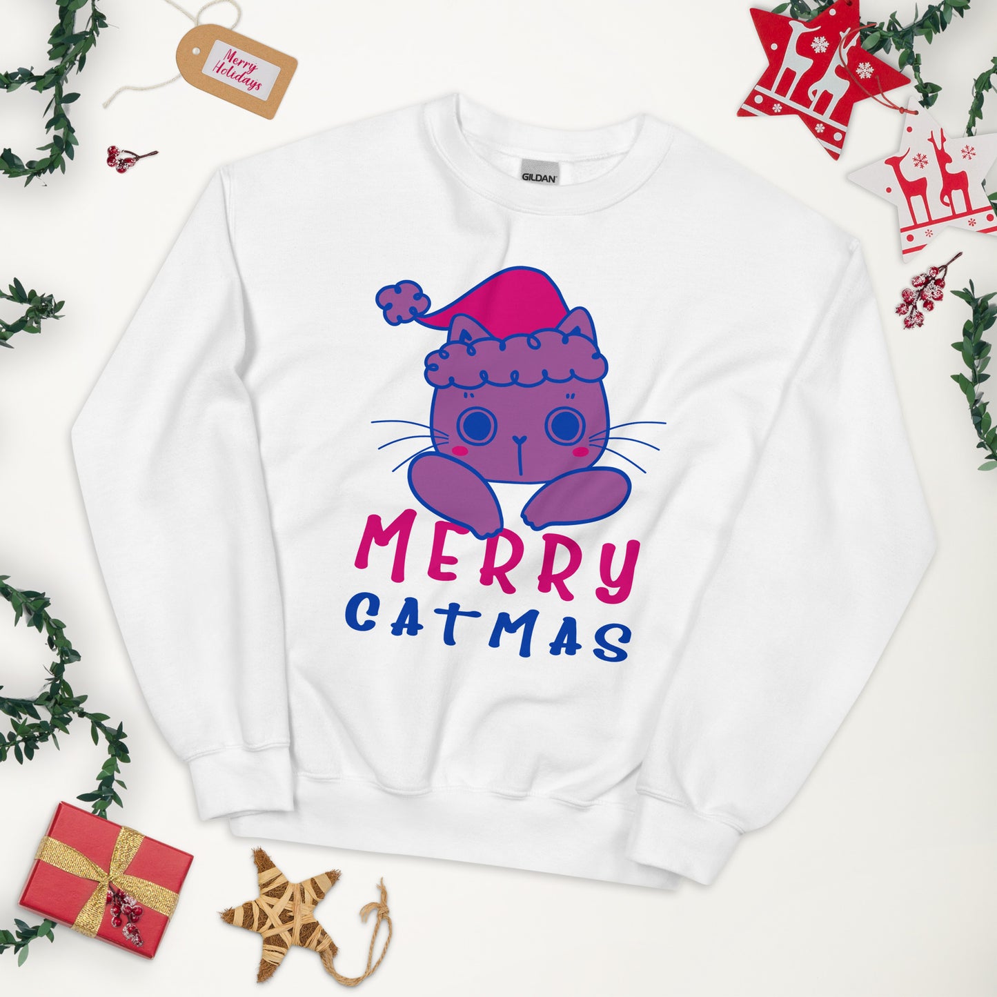 Bisexual Christmas Sweatshirt - Bisexual Pride Xmas Cat Crewneck - Merry Catmas